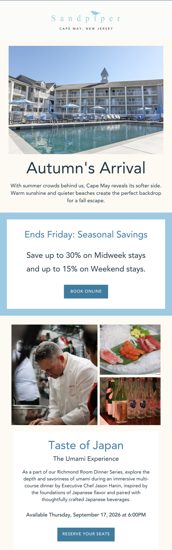 The Sandpiper's email opens on the resort's pool and white balconies under a clear sky with the headline Autumn's Arrival, followed by a seasonal savings offer with a Book Online button.