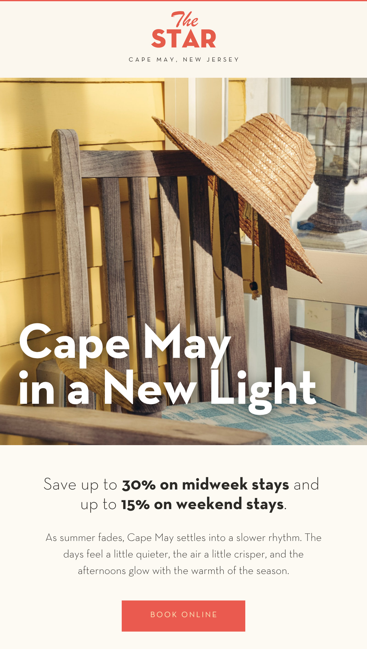 The Star's email opens on a straw hat resting on a weathered porch chair under the headline Cape May in a New Light, followed by a midweek and weekend savings offer and a Book Online button.