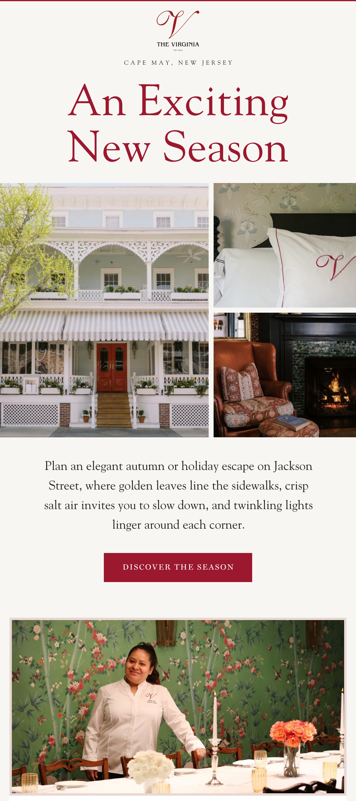 The Virginia's email opens on the headline An Exciting New Season over photos of the hotel porch, a monogrammed pillow and a fireside armchair, then an autumn invitation and a photo of the chef in the dining room.