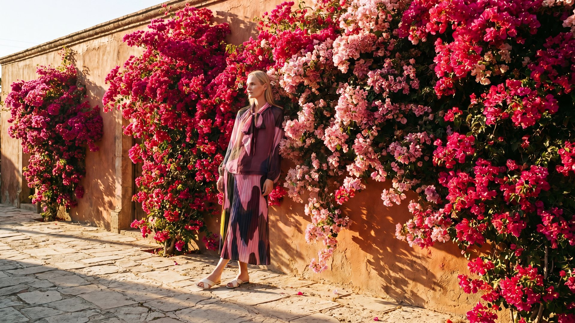A pleated print blouse and skirt against a sunlit wall of magenta bougainvillea.