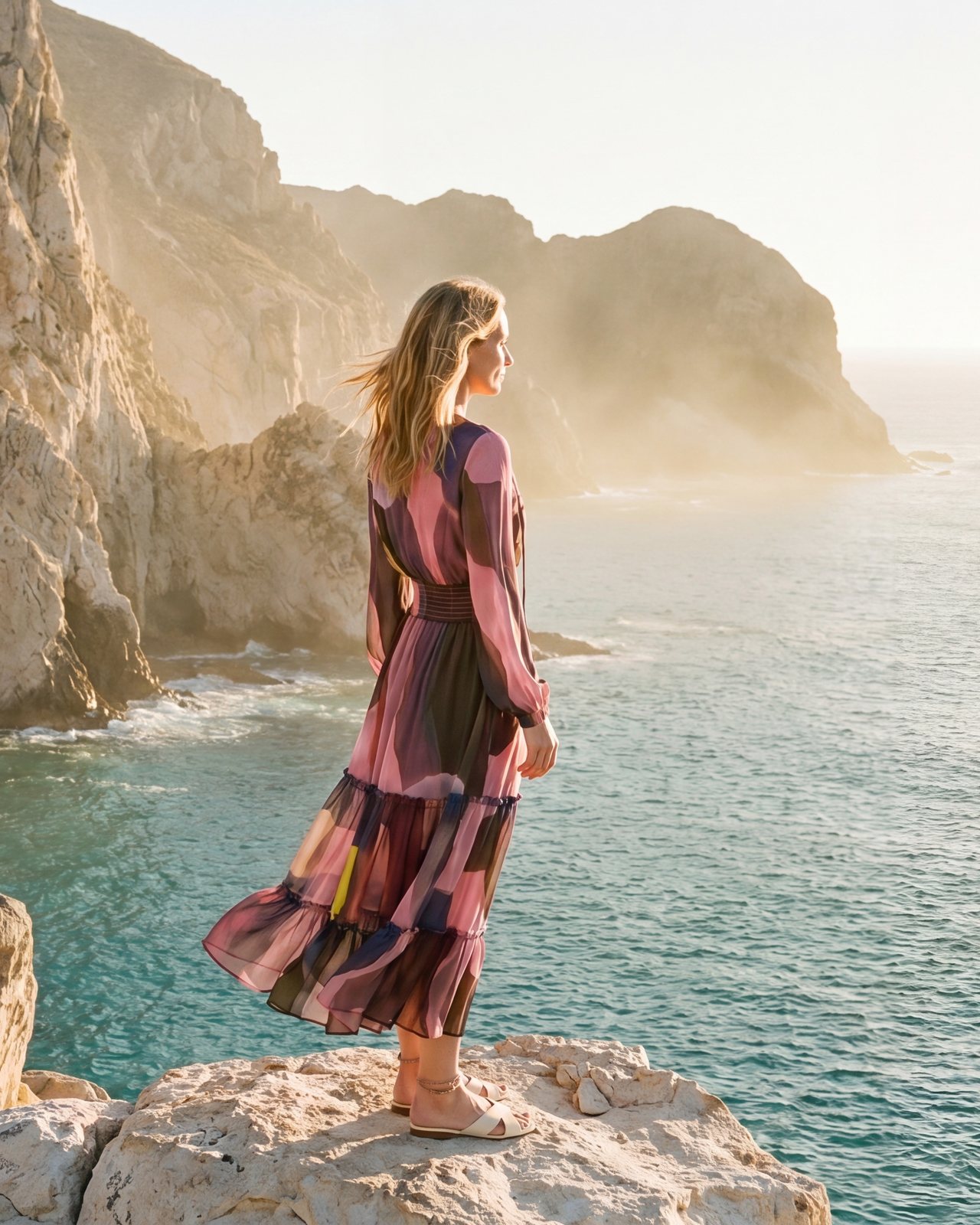 A woman in a flowing patchwork chiffon dress stands on a sea cliff in golden morning haze.