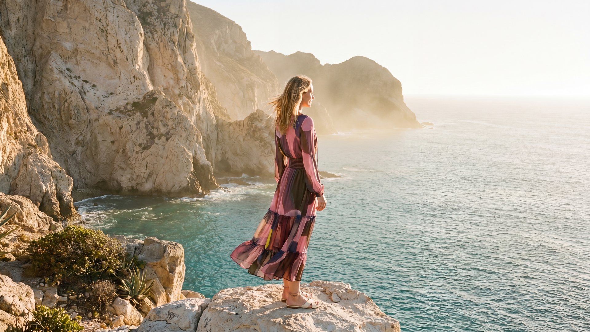 A woman in a flowing patchwork chiffon dress stands on a sea cliff in golden morning haze.