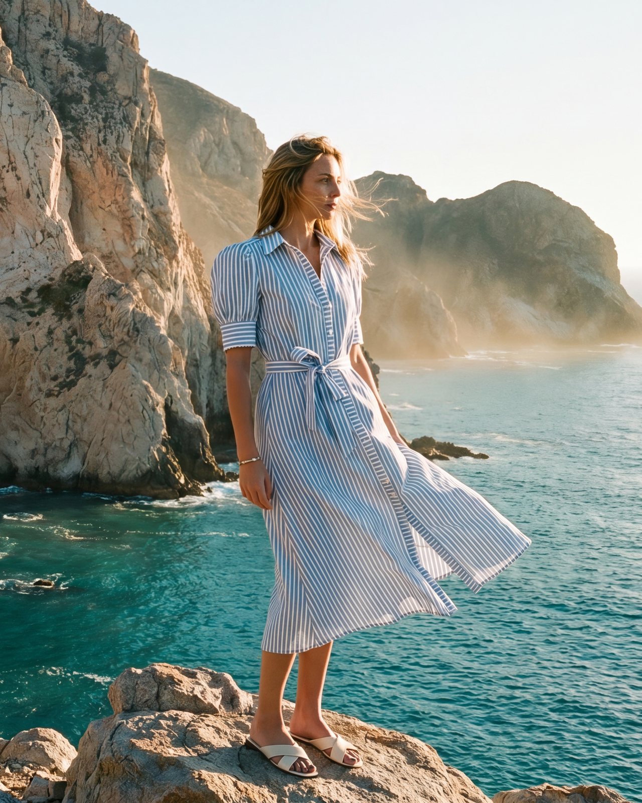 A blue striped shirtdress catches the wind on a cliff above a turquoise cove.