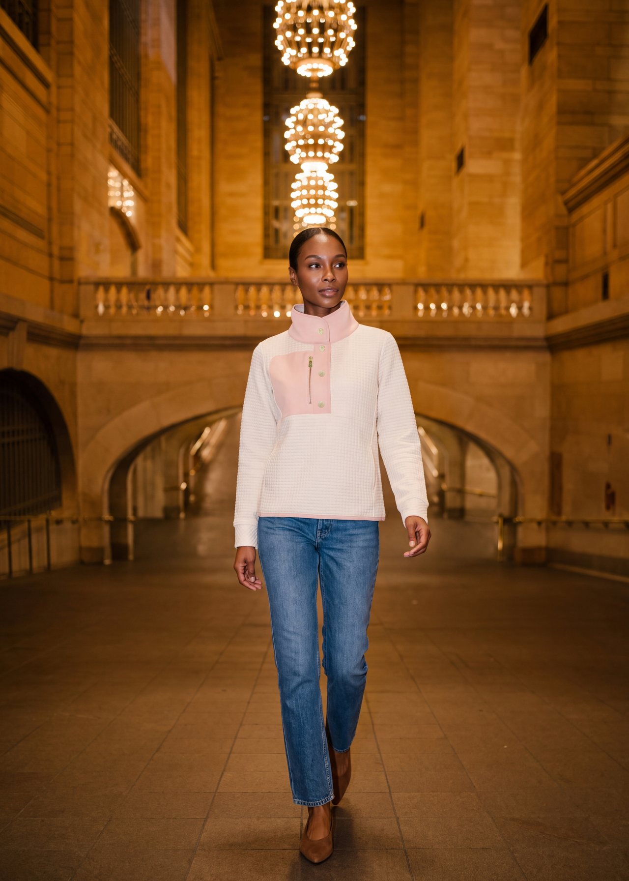 A woman in the cream Cherry Lawn pullover walks through Grand Central beneath its chandeliers.