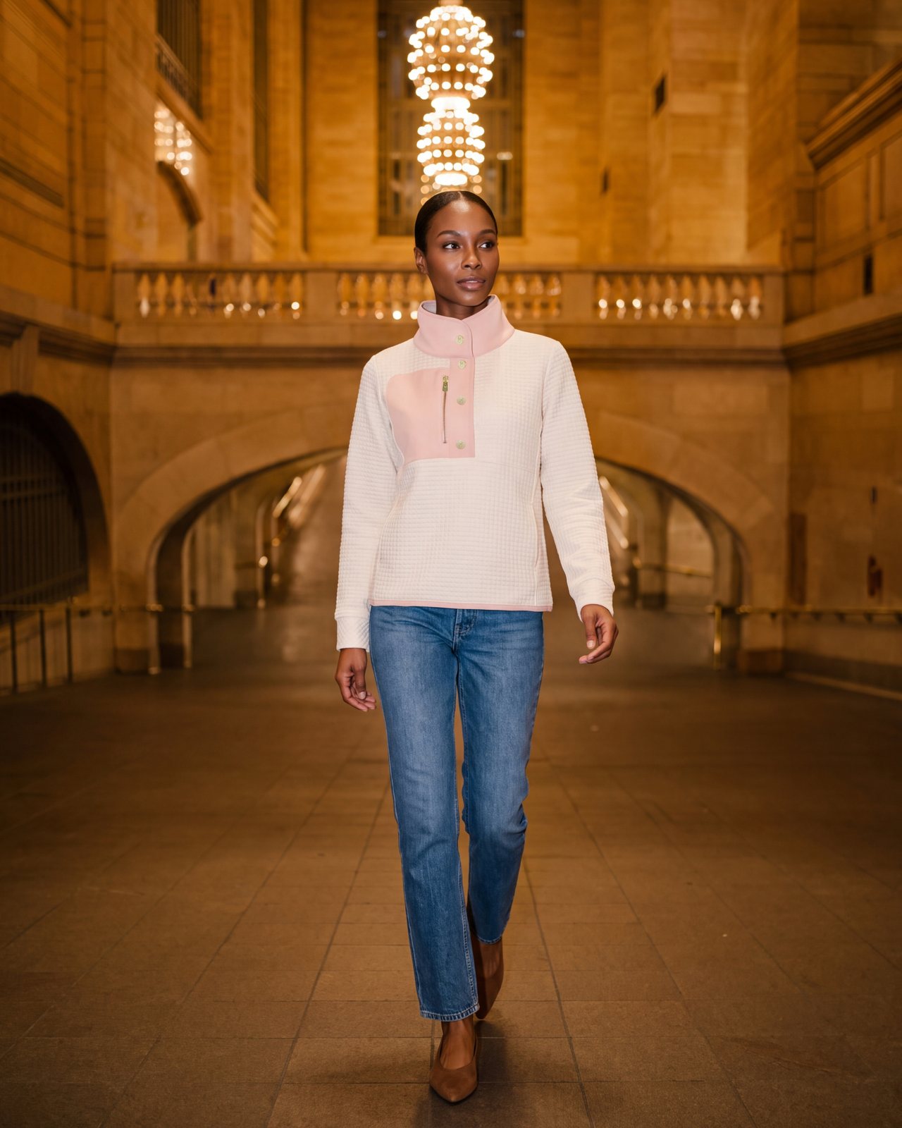 A woman in the cream Cherry Lawn pullover walks through Grand Central beneath its chandeliers.