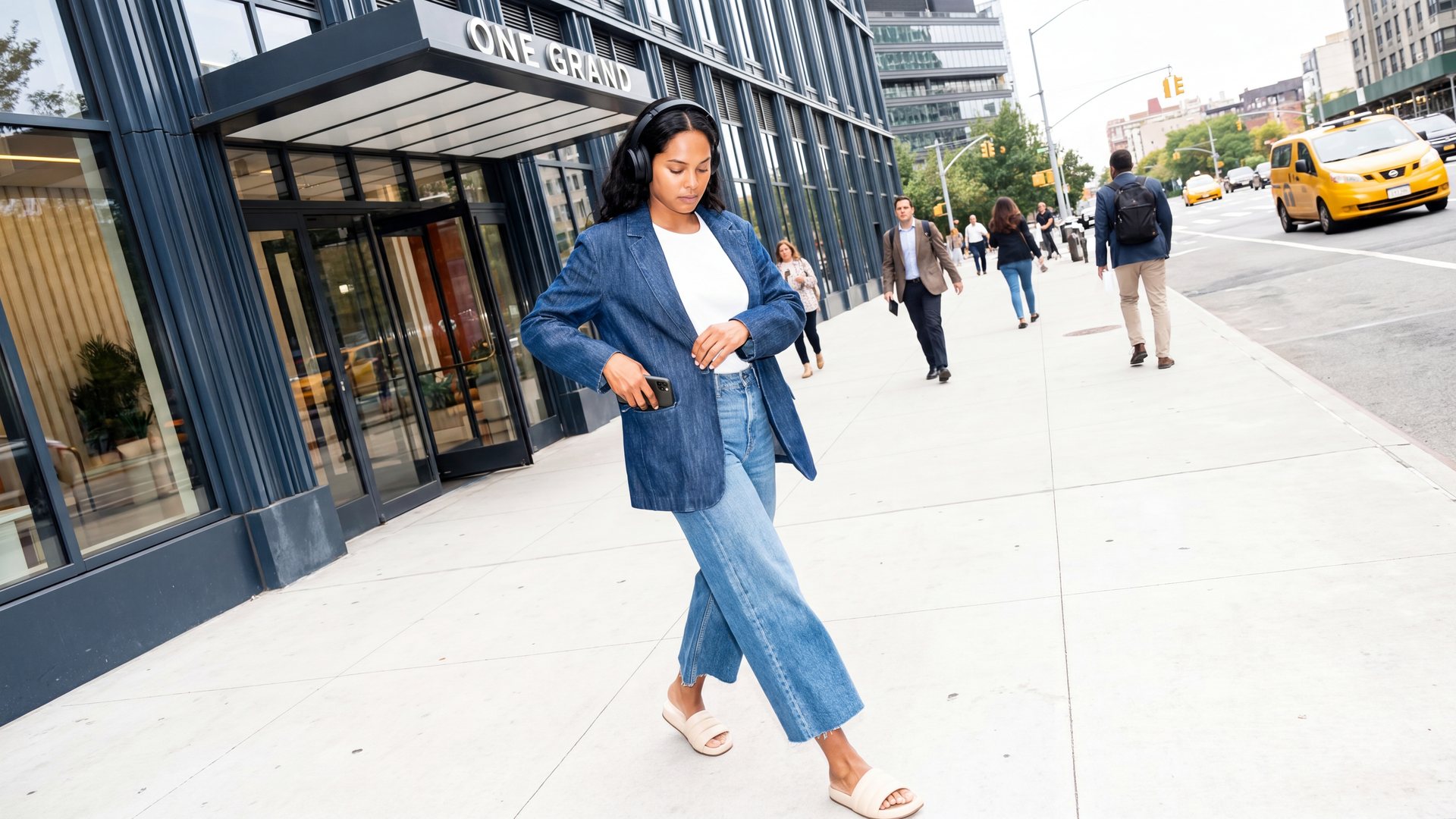 A woman in over-ear headphones and a denim blazer walks past the ONE GRAND entrance canopy on a sunny Manhattan sidewalk, with a yellow cab and pedestrians behind her.