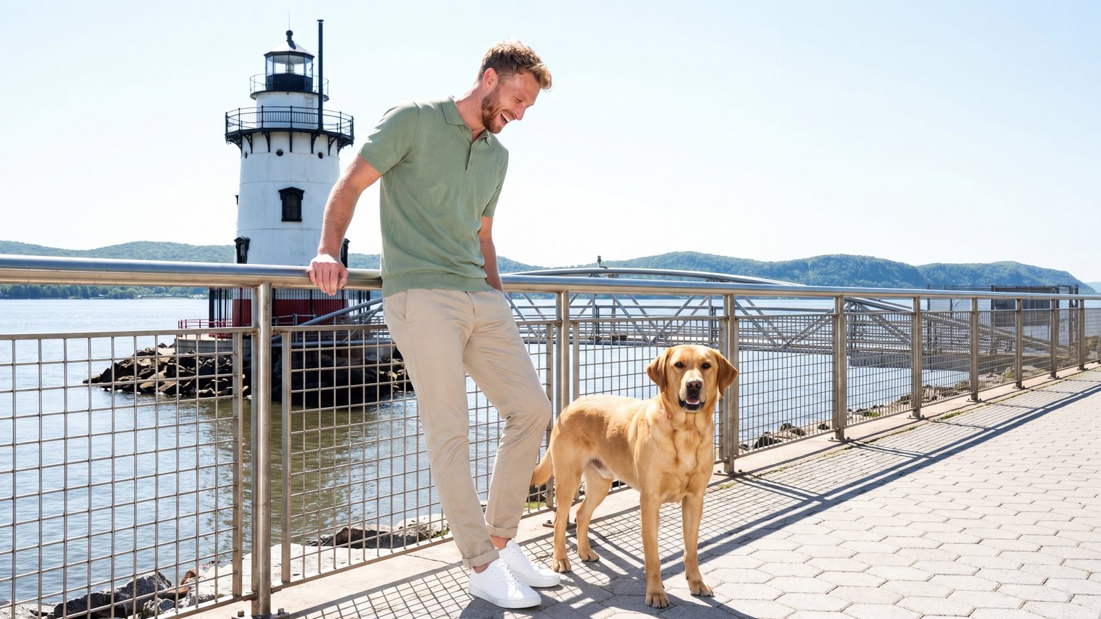 A man and his yellow Labrador walk the Hudson shore in slow camera moves, ending on a beach at sunset.
