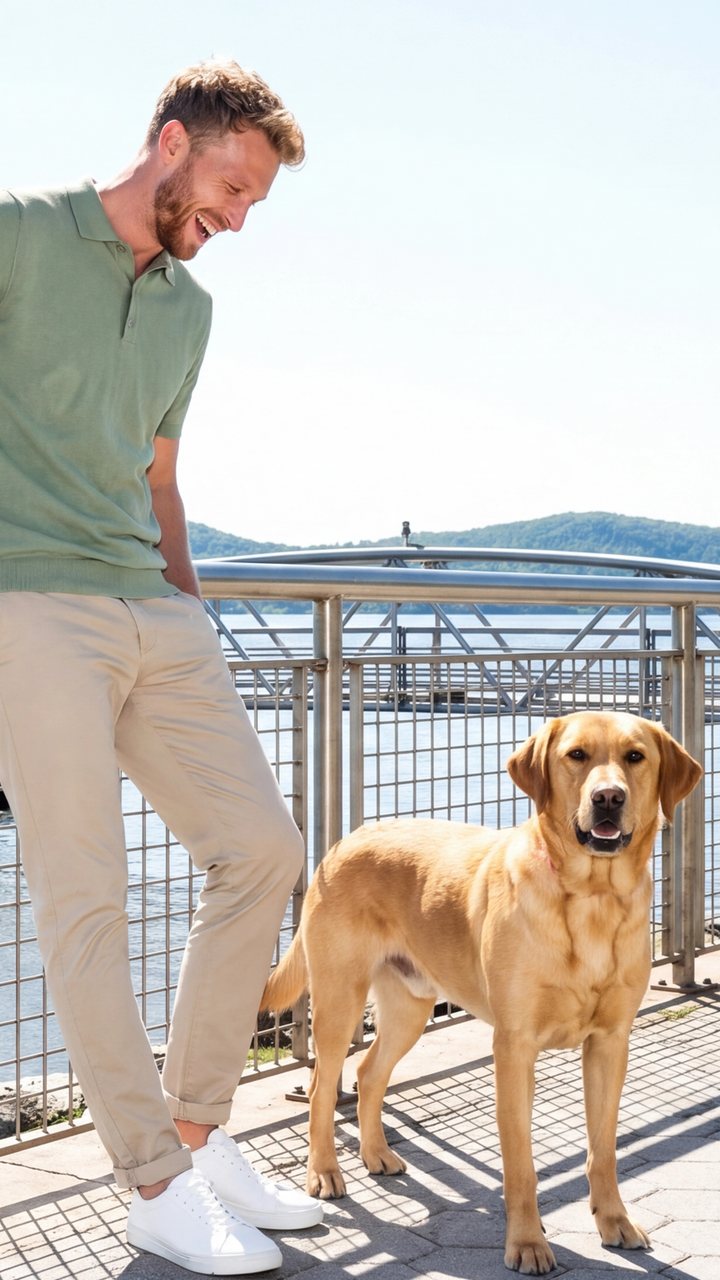 A man and his yellow Labrador walk the Hudson shore in slow camera moves, ending on a beach at sunset.