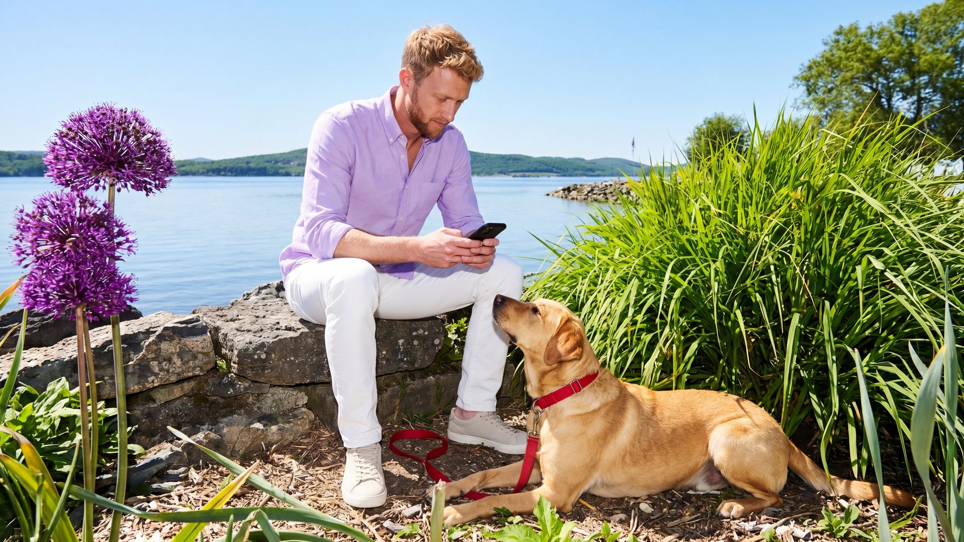 A man in a lilac shirt checks his phone on a stone wall by the Hudson while his yellow Labrador rests at his feet beside purple alliums.