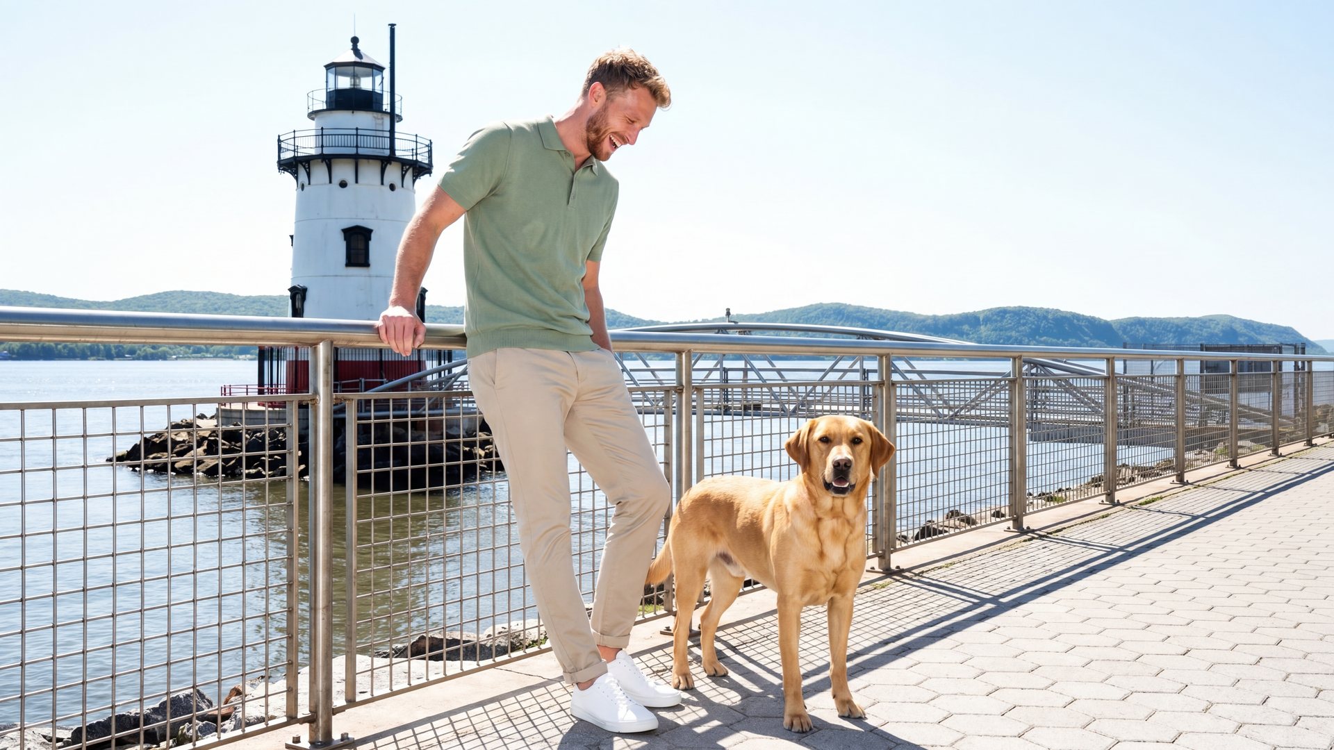 A man in a sage polo leans on a riverside railing and laughs down at his yellow Labrador beside a white lighthouse on the Hudson.