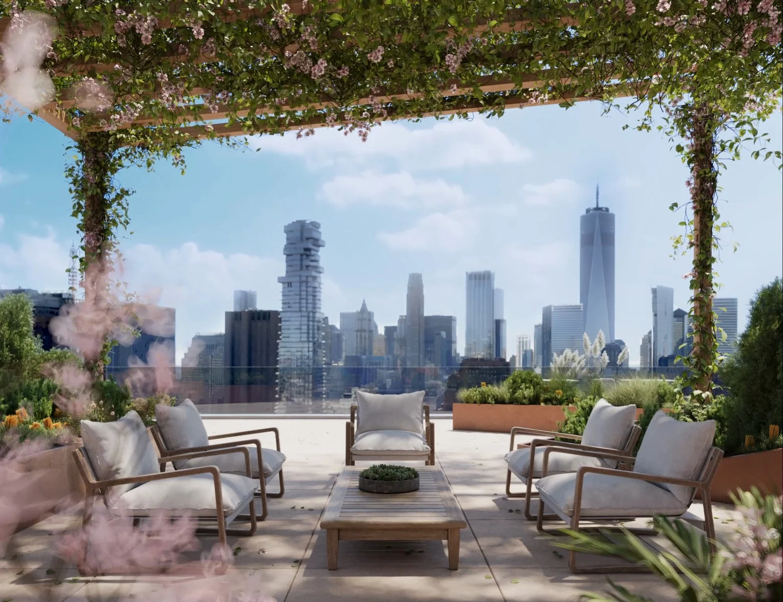 The developer's render of the One Grand roof terrace: a pergola with flowering vines, lounge chairs and planters, and the lower Manhattan skyline, with nobody in it.