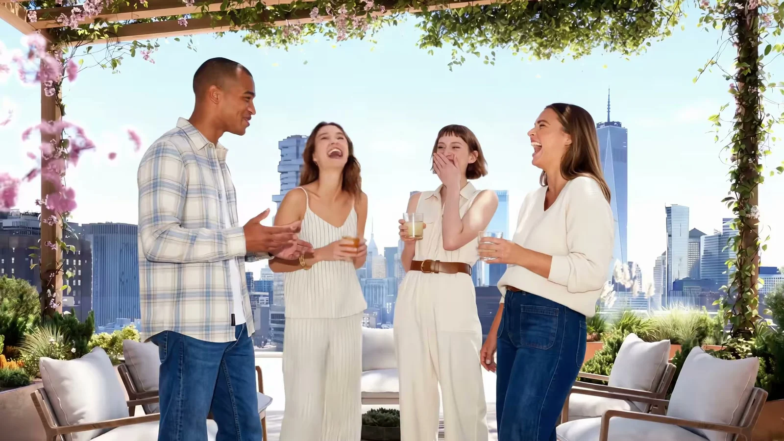 The same terrace in Vael's film, at the same camera: four colleagues laugh with drinks under the pergola.