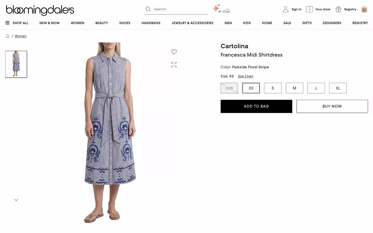 The Cartolina Francesca Midi Shirtdress product page on bloomingdales.com, showing Vael's image of the dress.