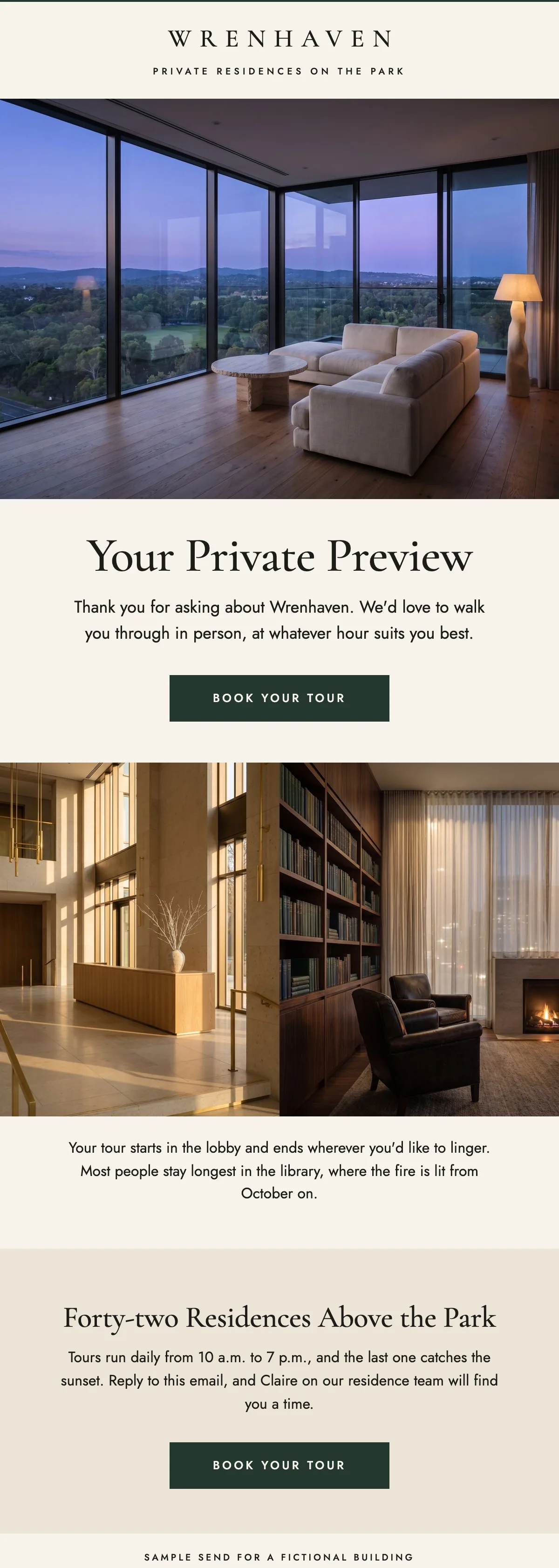 Sample inquiry welcome email for Wrenhaven, a fictional residential building: a corner living room over a park at blue hour, the headline "Your Private Preview" and a Book your tour button, desktop view.