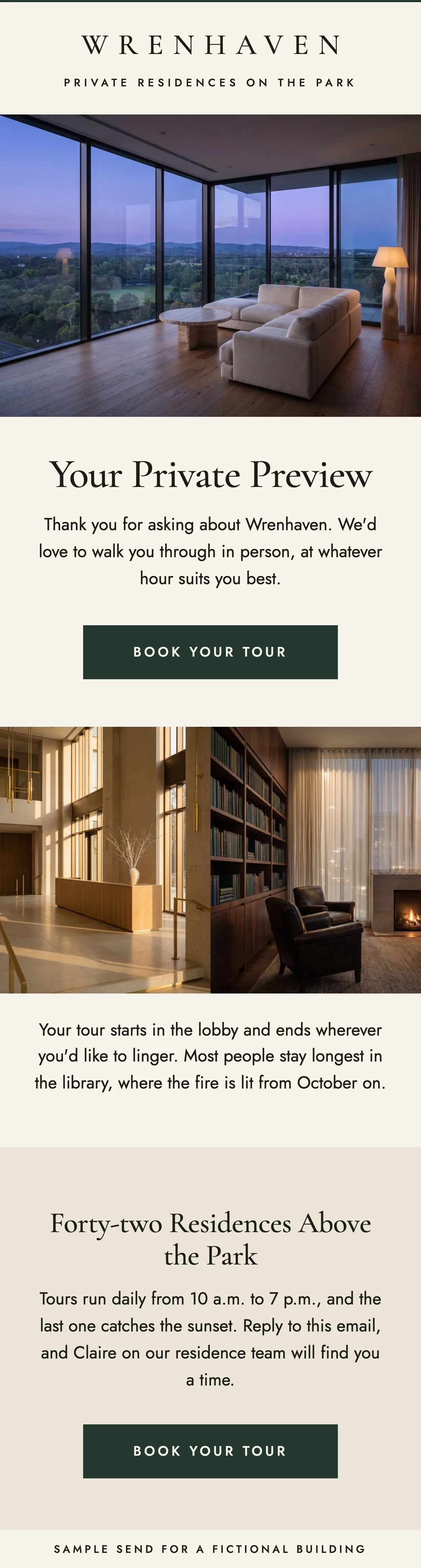 Sample inquiry welcome email for Wrenhaven, a fictional residential building: a corner living room over a park at blue hour, the headline "Your Private Preview" and a Book your tour button, phone view.