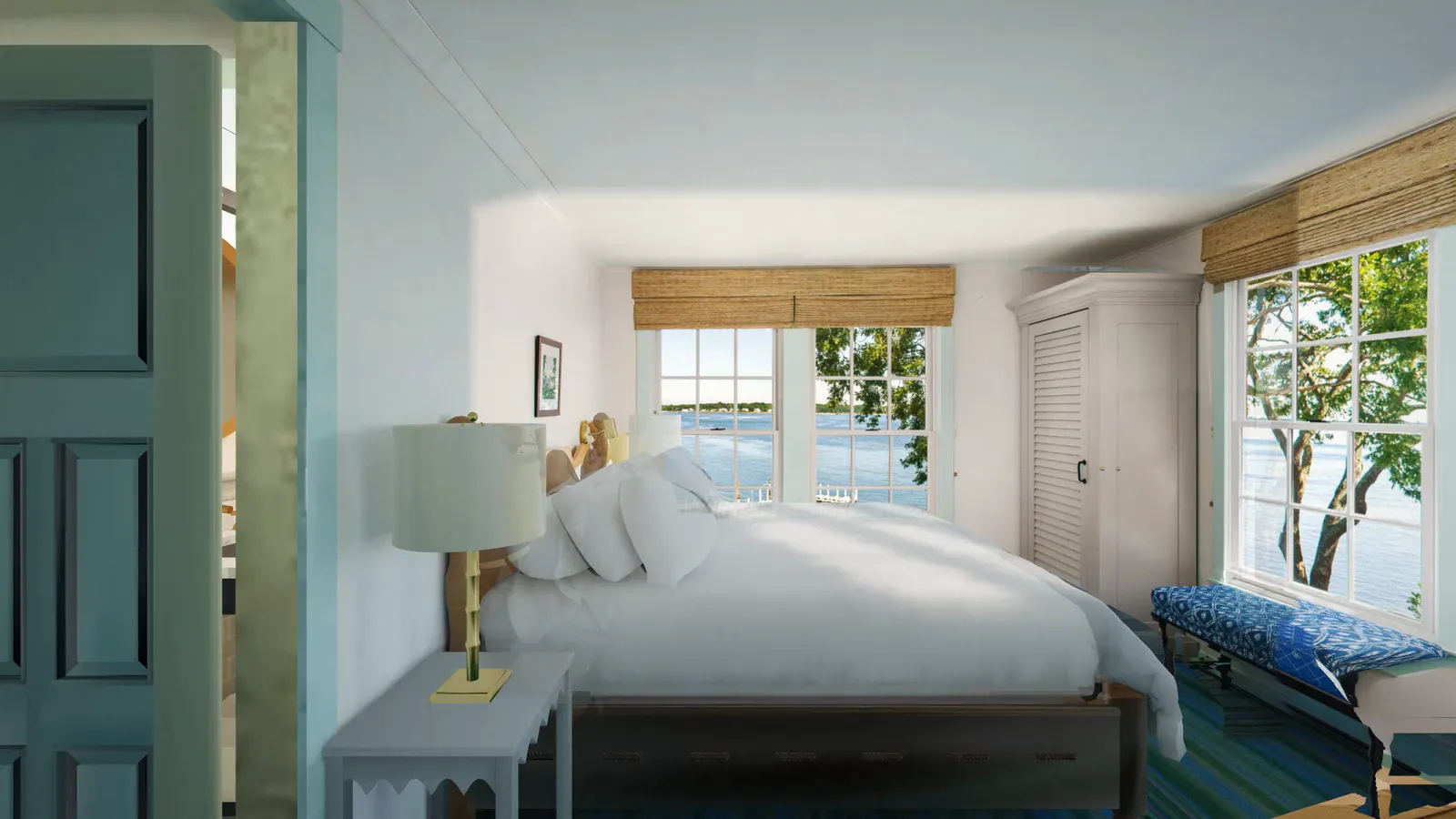 A slow push into a bright guest room with a white bed, woven blinds and windows onto the water through the trees.
