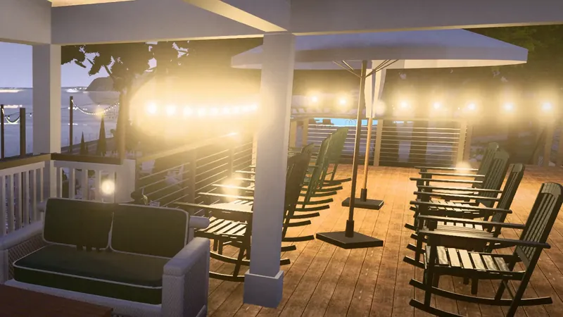 A covered deck at dusk with rocking chairs, a market umbrella and warm string lights over a calm harbour.